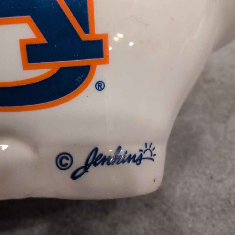 Auburn Tigers NCAA Ceramic Piggy Bank White Blue Orange Jenkins Logo Coin Bank - Picture 2 of 5